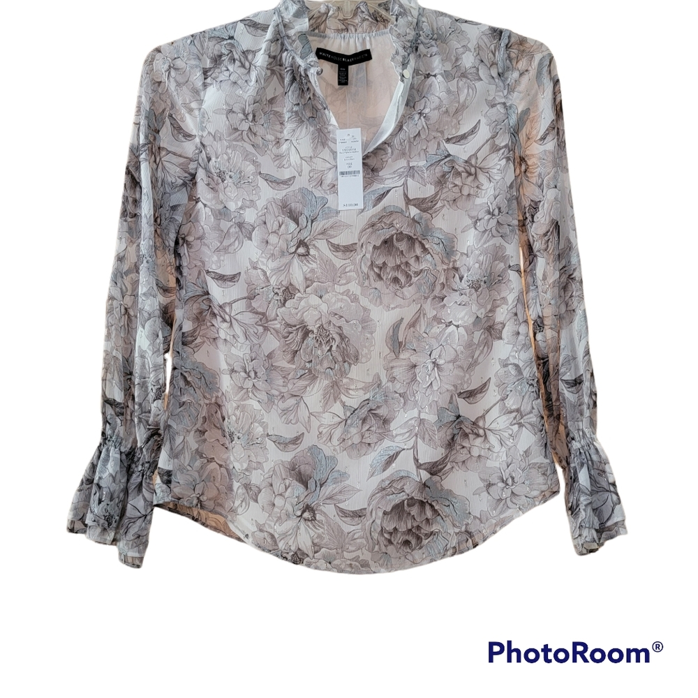 NWT White House Black Market. Gray and White floral blouse. Size XS